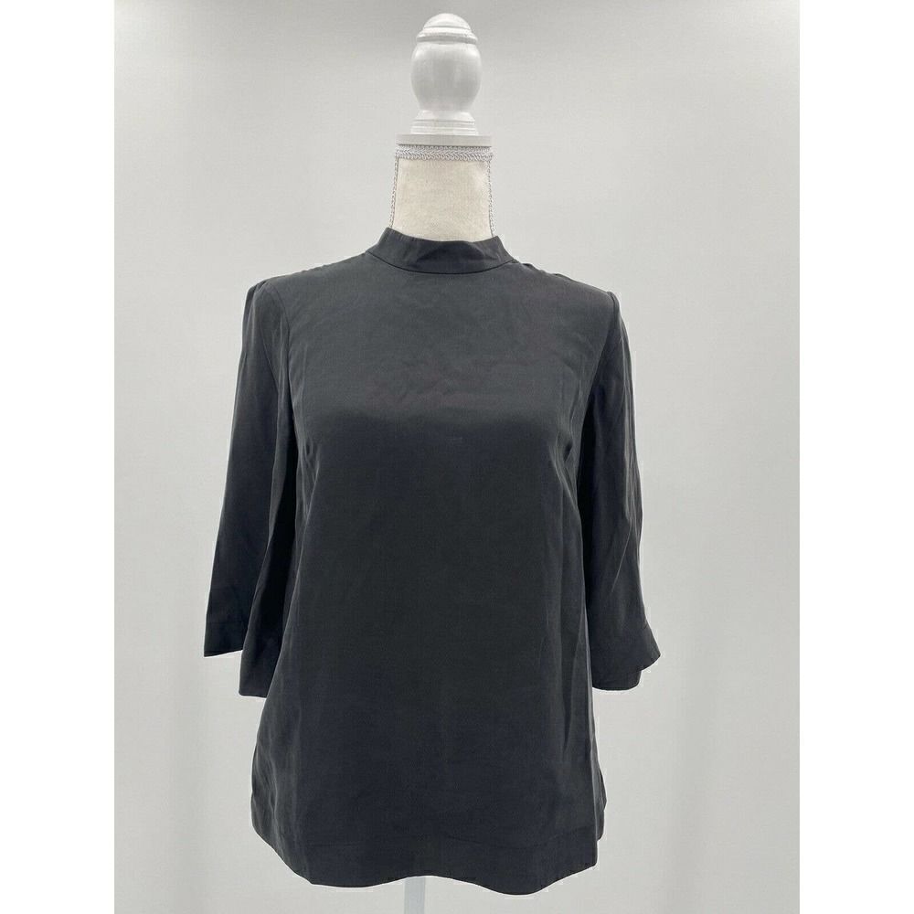 Siizu New York Sz XS Black Silk Mock Neck Long Sleeve Blouse Keyhole Back